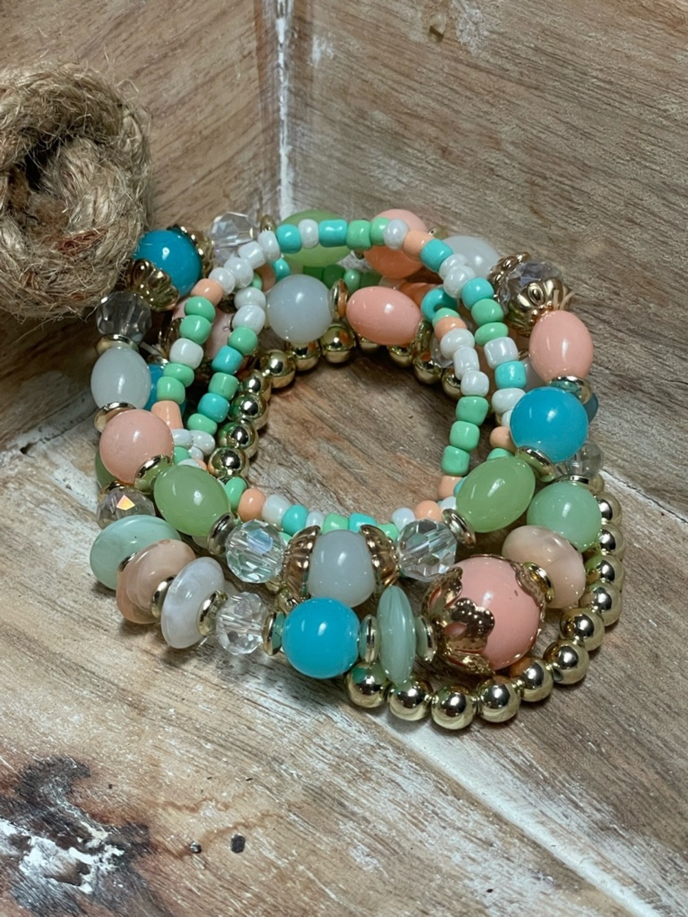 Pastel, Turquoise, Aqua, Green, Pink & Gold Multi-Strand Stretch Bracelet - Picture 5 of 6